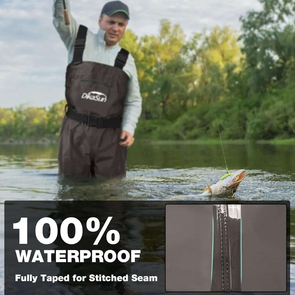 DikaSun Lightweight Bootfoot Chest Waders with Boots — Men & Women Fishing Waders for Duck Hunting & Fly Fishing (US Sizes, Brown)