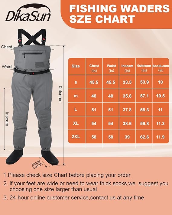 DikaSun Breathable Stocking Foot Waders for Fly Fishing (Lightweight Unisex Design for Men & Women)