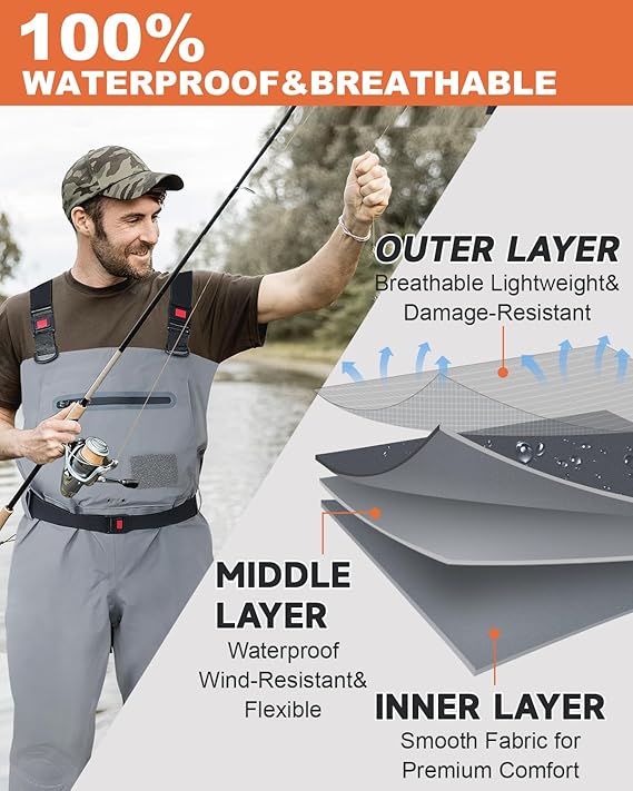 DikaSun Breathable Stocking Foot Waders for Fly Fishing (Lightweight Unisex Design for Men & Women)