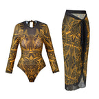 Vintage Blue Ethnic Print One Piece Swimsuit Mesh Long Skirt Set 2026 Women Long Sleeve Slim Fit Swimwear Summer Bathing Suits