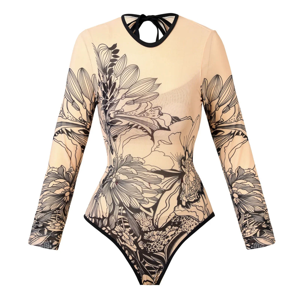 Vintage Blue Ethnic Print One Piece Swimsuit Mesh Long Skirt Set 2026 Women Long Sleeve Slim Fit Swimwear Summer Bathing Suits