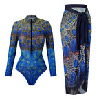 Vintage Blue Ethnic Print One Piece Swimsuit Mesh Long Skirt Set 2026 Women Long Sleeve Slim Fit Swimwear Summer Bathing Suits