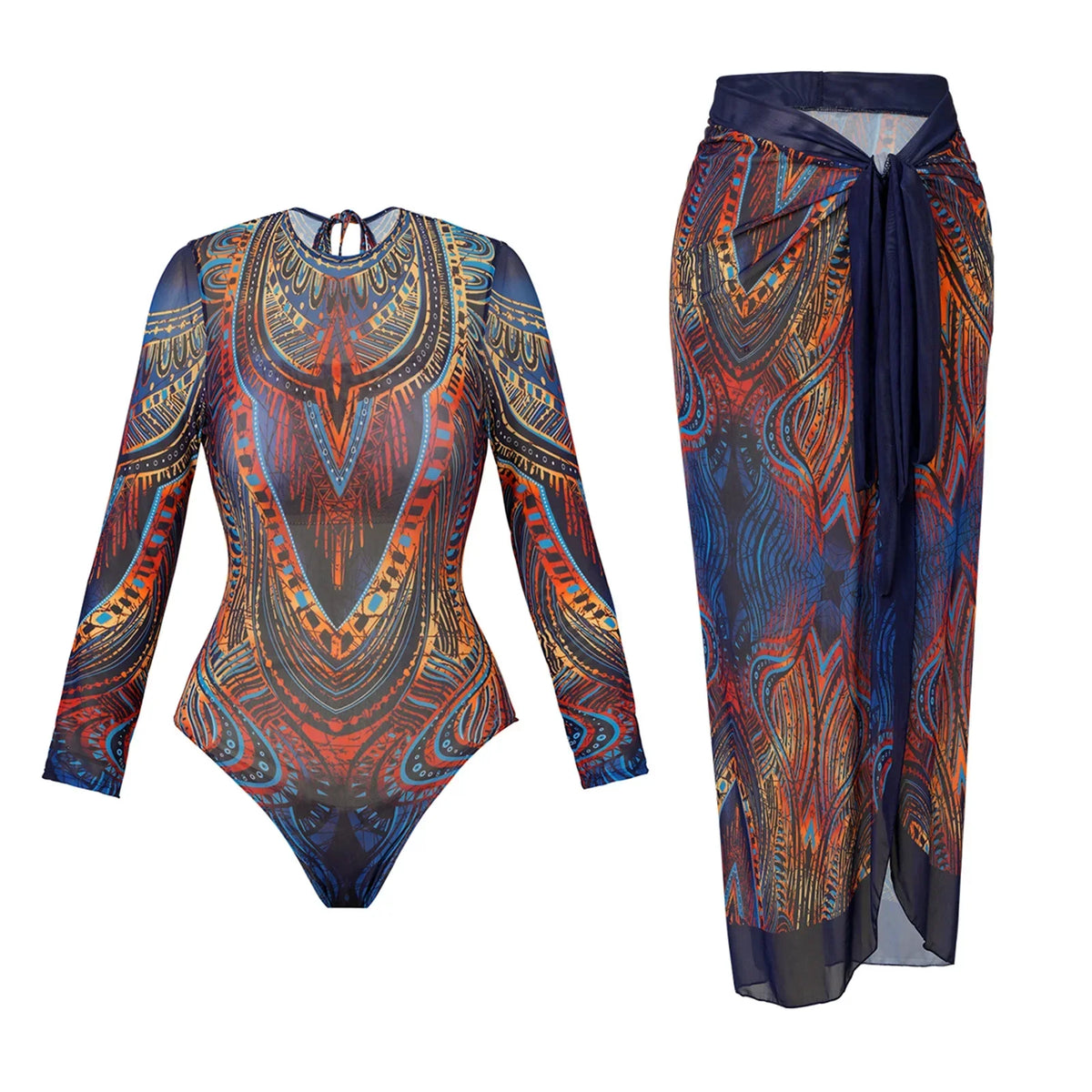 Vintage Blue Ethnic Print One Piece Swimsuit Mesh Long Skirt Set 2026 Women Long Sleeve Slim Fit Swimwear Summer Bathing Suits