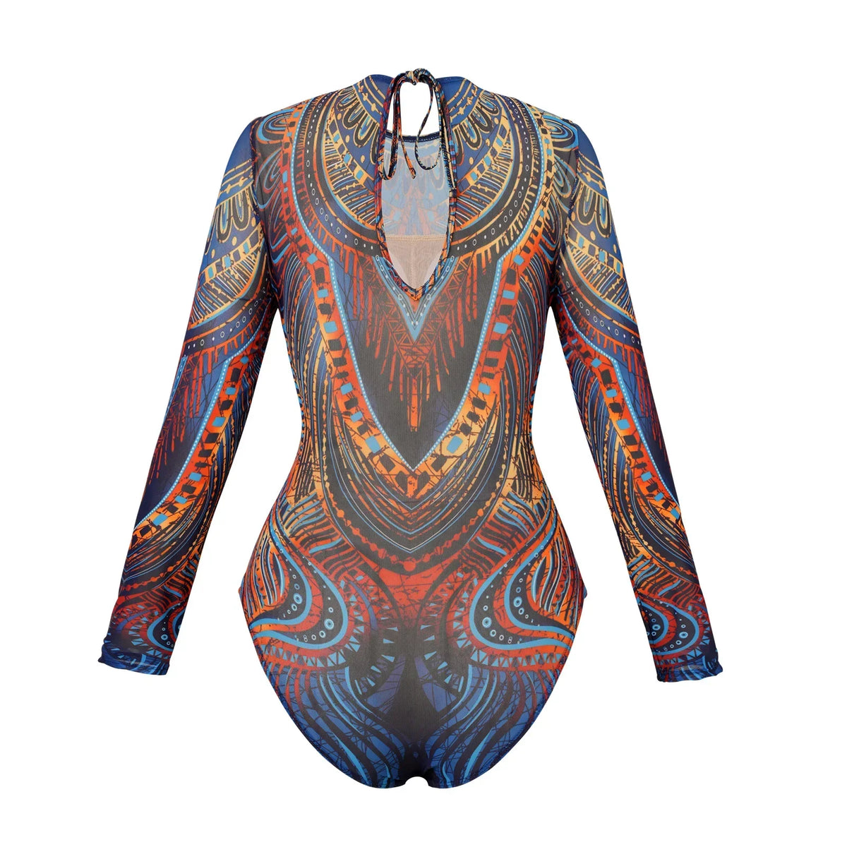 Vintage Blue Ethnic Print One Piece Swimsuit Mesh Long Skirt Set 2026 Women Long Sleeve Slim Fit Swimwear Summer Bathing Suits