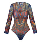 Vintage Blue Ethnic Print One Piece Swimsuit Mesh Long Skirt Set 2026 Women Long Sleeve Slim Fit Swimwear Summer Bathing Suits