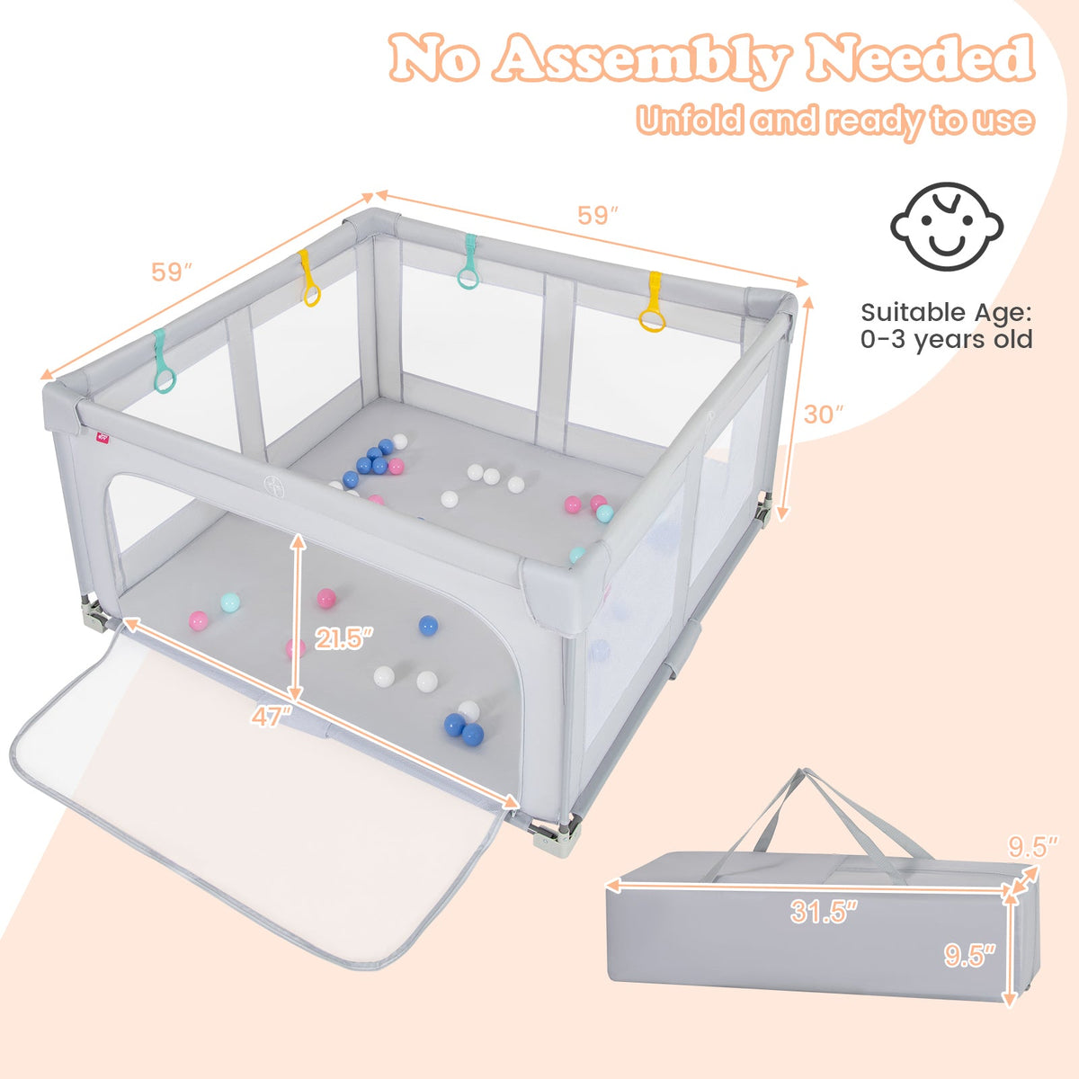 Large Baby Playpen BPA-Free Foldable Toddlers Safety Fence Play Yard with Zipper Gate-M
