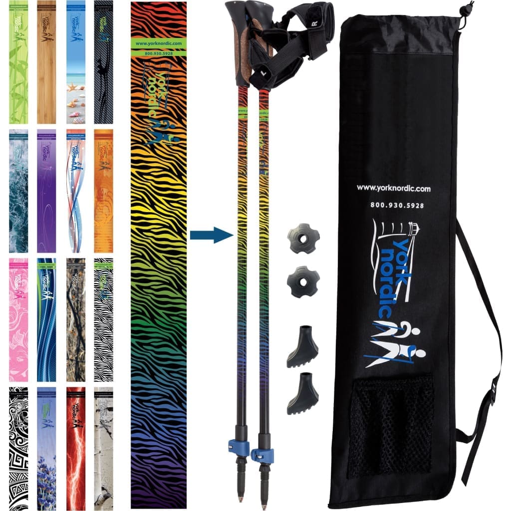 Official Nordic Walking Poles - True Nordic Glove Grip w-flip locks, detachable feet and travel bag - pair - For Heights up to 6’2”
