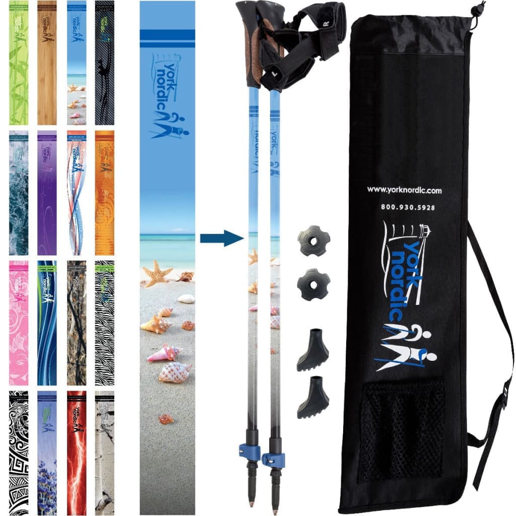 Official Nordic Walking Poles - True Nordic Glove Grip w-flip locks, detachable feet and travel bag - pair - For Heights up to 6’2”
