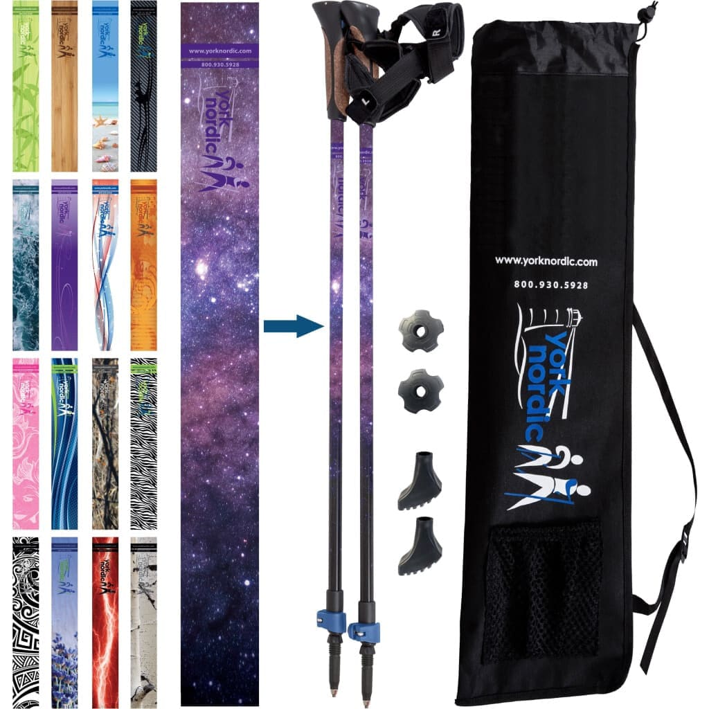 Official Nordic Walking Poles - True Nordic Glove Grip w-flip locks, detachable feet and travel bag - pair - For Heights up to 6’2”