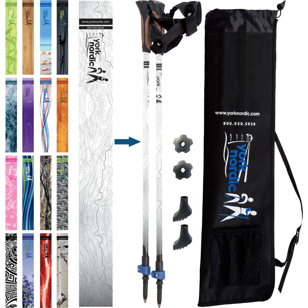 Official Nordic Walking Poles - True Nordic Glove Grip w-flip locks, detachable feet and travel bag - pair - For Heights up to 6’2”